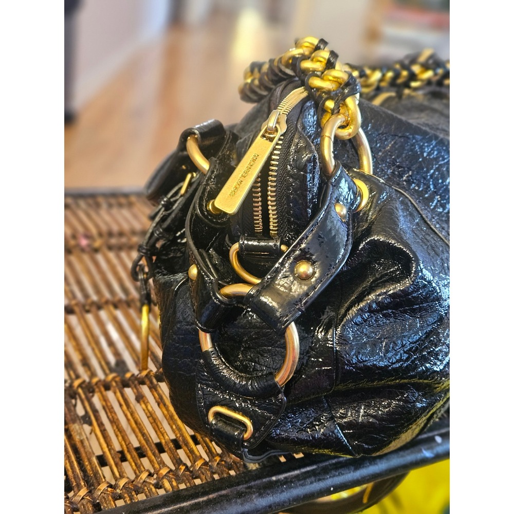 Michael Kors Fulton Black Crinkled Patent Leather Hobo Bag Gold Chain Strap - Picture 3 of 11